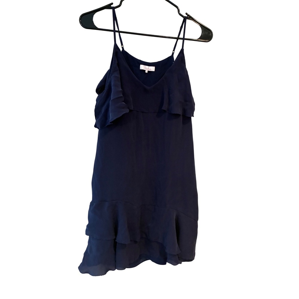 Parker Navy Blue 100% Silk Ruffle Cold Shoulder Mini Dress Small - Picture 5 of 7